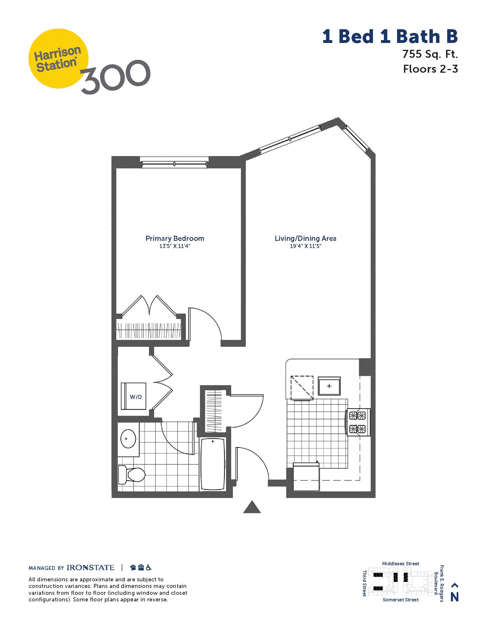 Floor plan for 1 bed, 1 bath, 755 sqft